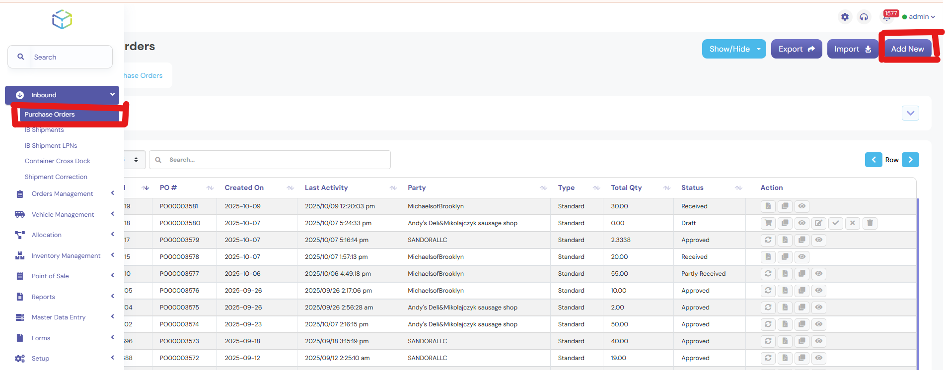 Navigating to the Purchase Order Screen