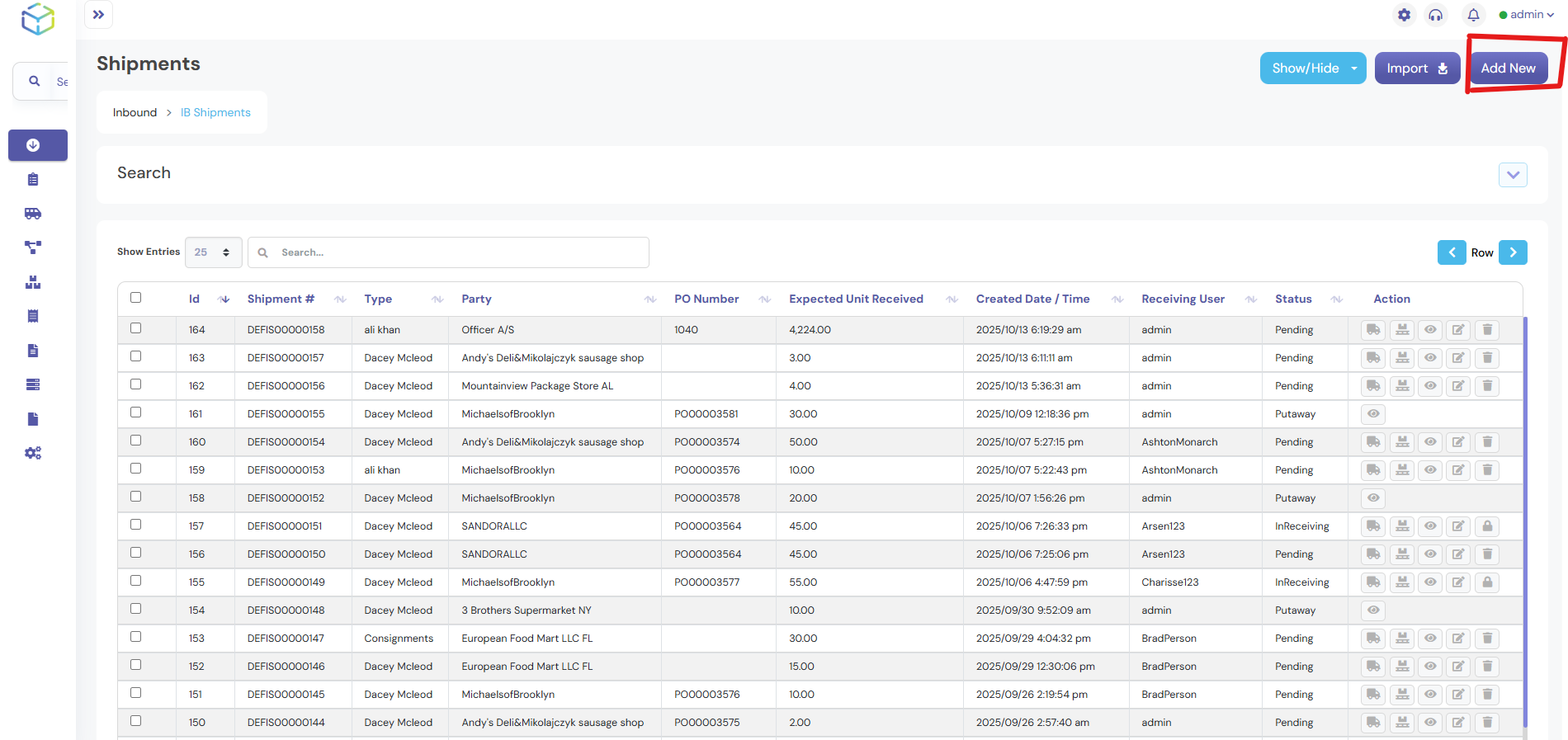 Add New to create a new inbound shipment